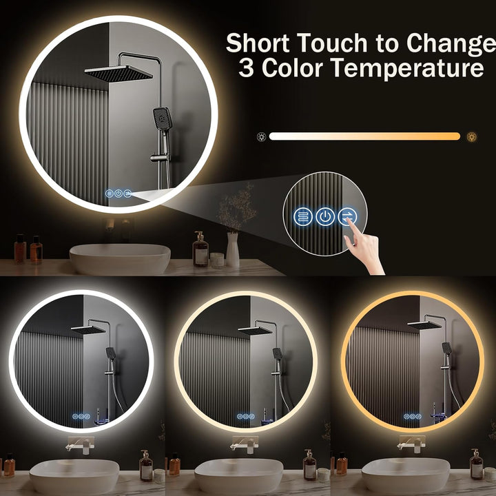 Badspiegel mit Beleuchtung Rund 80cm, LED-Badezimmerspiegel mit Touch-Schalter, Antibeschlag, 3 stuf
