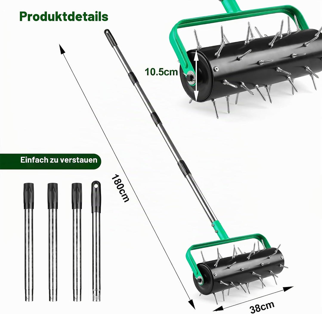 Rasenlüfter Walze Manuell 38 x 180 cm, Rasenrolle mit 4cm Nägeln &amp; Verstellbarem Stiel, Rollender Ra