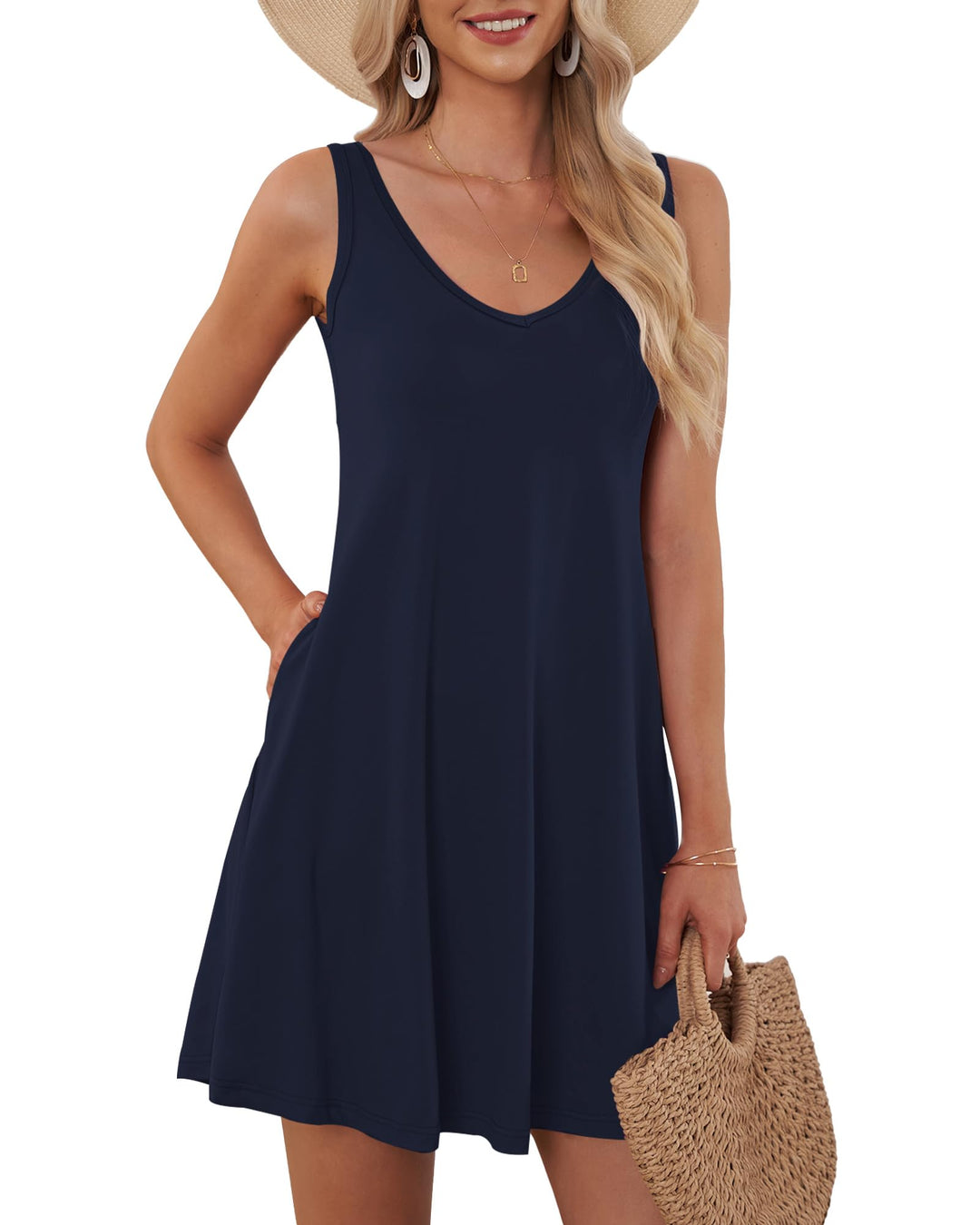 AUSELILY Sommerkleid Damen Ärmellose Strandkleid Leicht Swing Kleid V Ausschnitt Mini Kleid Navy Bla