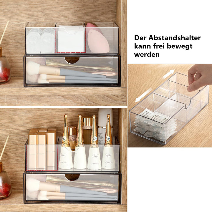 Kosmetik Organizer 2 Set, Make Up Schminkaufbewahrung mit Schubladen Transparent, für Eyeliners Lipp