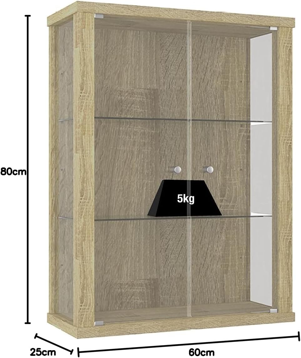 K-Möbel Hängevitrine Glas in Sonoma Eiche (80x60x25 cm) mit 2 höhenverstellbaren Glasböden - Modella