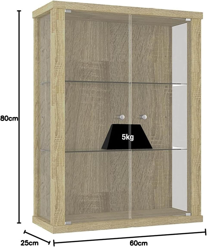 K-Möbel Hängevitrine Glas in Sonoma Eiche (80x60x25 cm) mit 2 höhenverstellbaren Glasböden - Modella