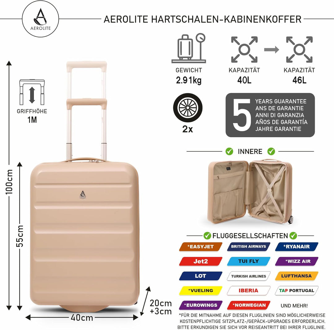 Aerolite 55x40x20cm Lufthansa Eurowings TUI SunExpress Condor Ryanair Priority 2 Rollen Leichter Har