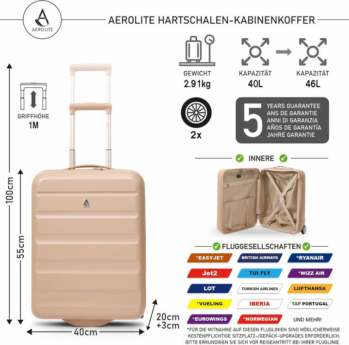 Aerolite 55x40x20cm Lufthansa Eurowings TUI SunExpress Condor Ryanair Priority 2 Rollen Leichter Har