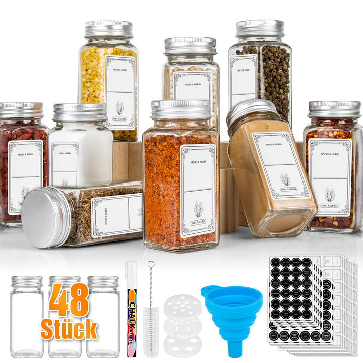 WardWolf 48er Gewürzgläser Eckig mit Metall Deckel,120ML Gewürzdosen Set,Gewürzgläser mit Streueinsa