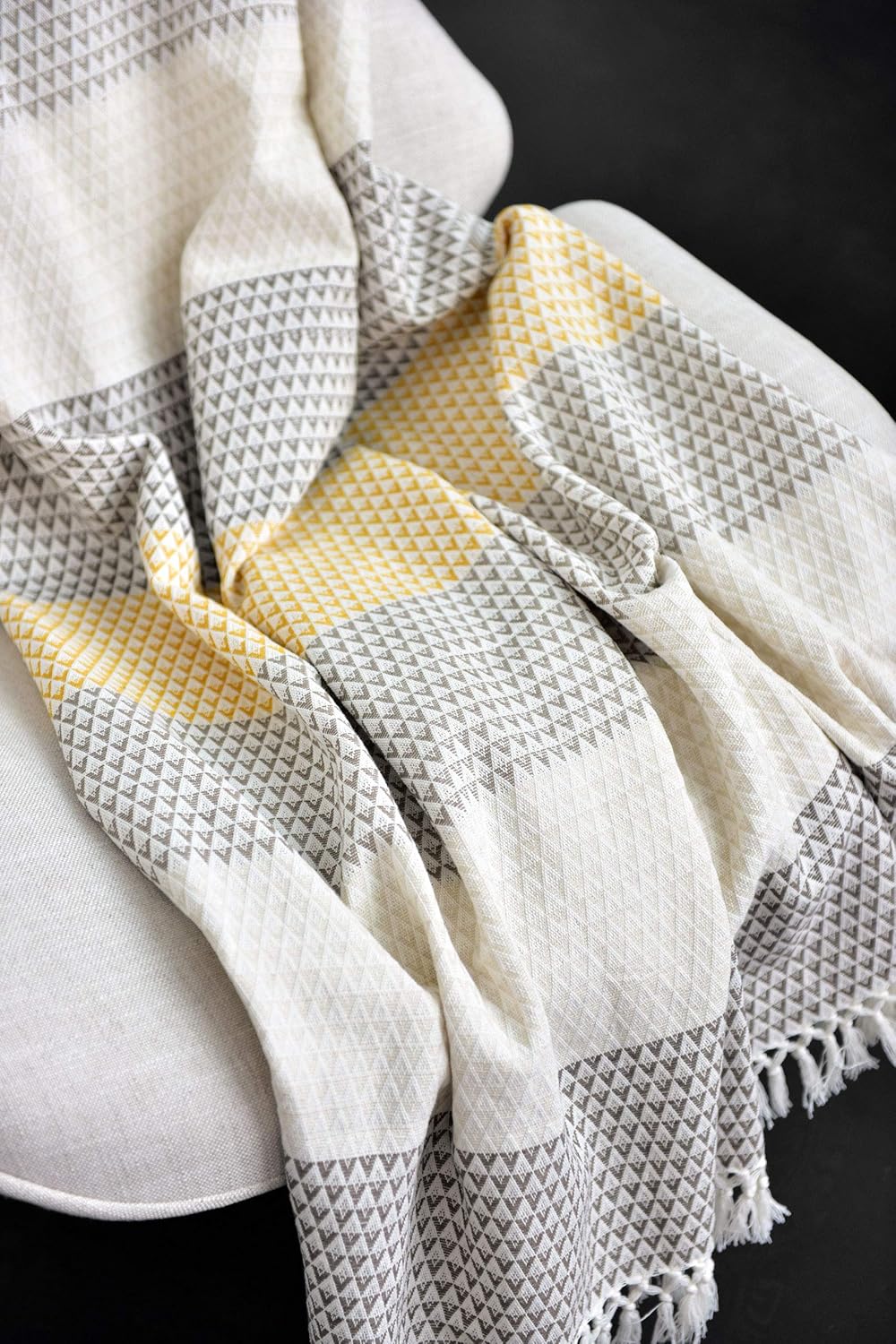 Wohndecke Plaid Dana, 150x200 cm, Weiss (Weiss) Braun Gelb (senfgelb), Gemustert, Boho, Baumwolle, g