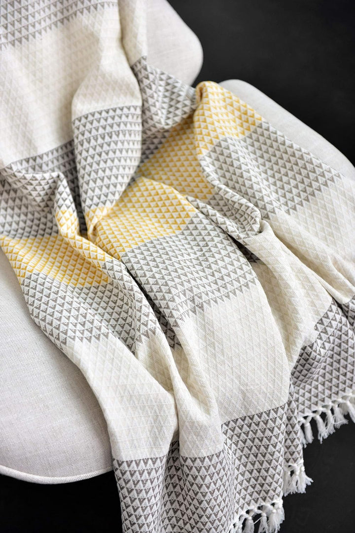 Wohndecke Plaid Dana, 150x200 cm, Weiss (Weiss) Braun Gelb (senfgelb), Gemustert, Boho, Baumwolle, g