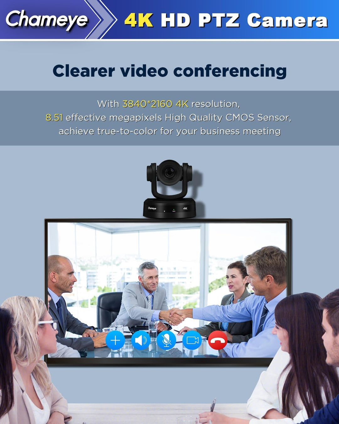 Chameye 4K PTZ Kamera mit KI-Auto-Tracking 10x Optischer Zoom, Konferenzkamera 4K mit HDMI, LAN(PoE)