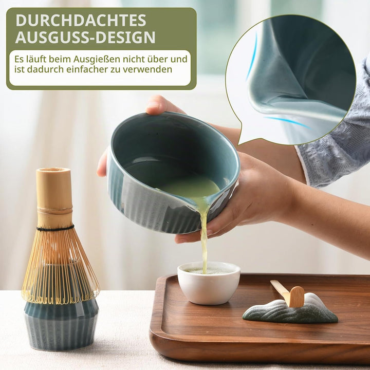 Matcha Set Premium 7-teilig Keramik: Matcha Schale, Bambus Besen (Chasen),Teebesenbasis，Teelöffel, S