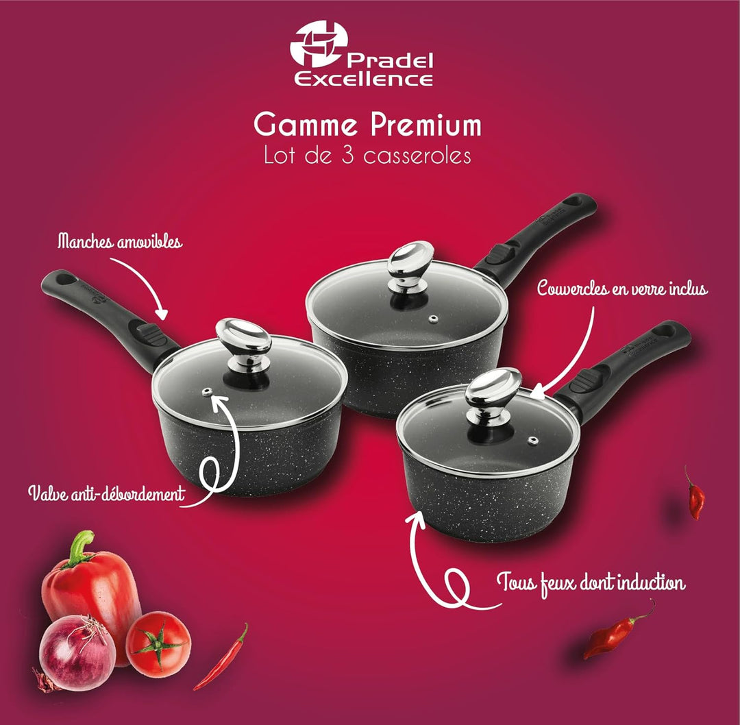 Pradel Excellence, 3 Stieltöpfe aus Premium-Aluminiumguss, Glasdeckel, Antihaftbeschichtung in Stein