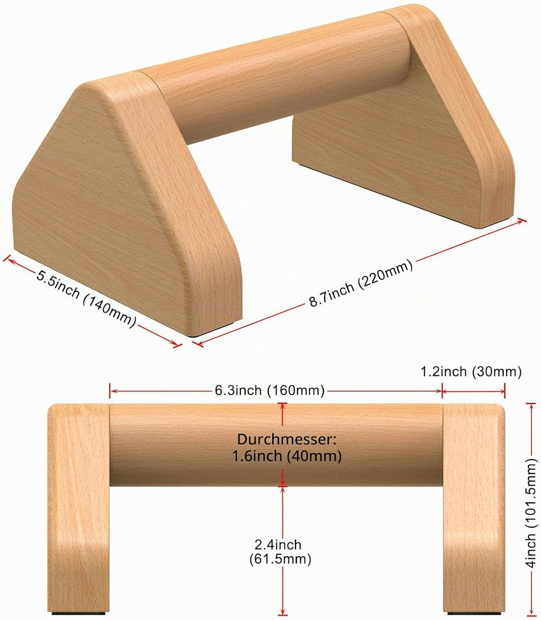 Kipika Push-up-Stangen aus Vollholz – 4-Zoll-Push-up-Griffe aus Buchenholz für den Boden, rutschfest