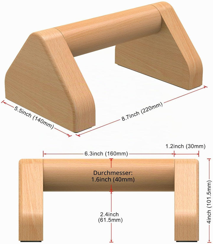 Kipika Push-up-Stangen aus Vollholz – 4-Zoll-Push-up-Griffe aus Buchenholz für den Boden, rutschfest