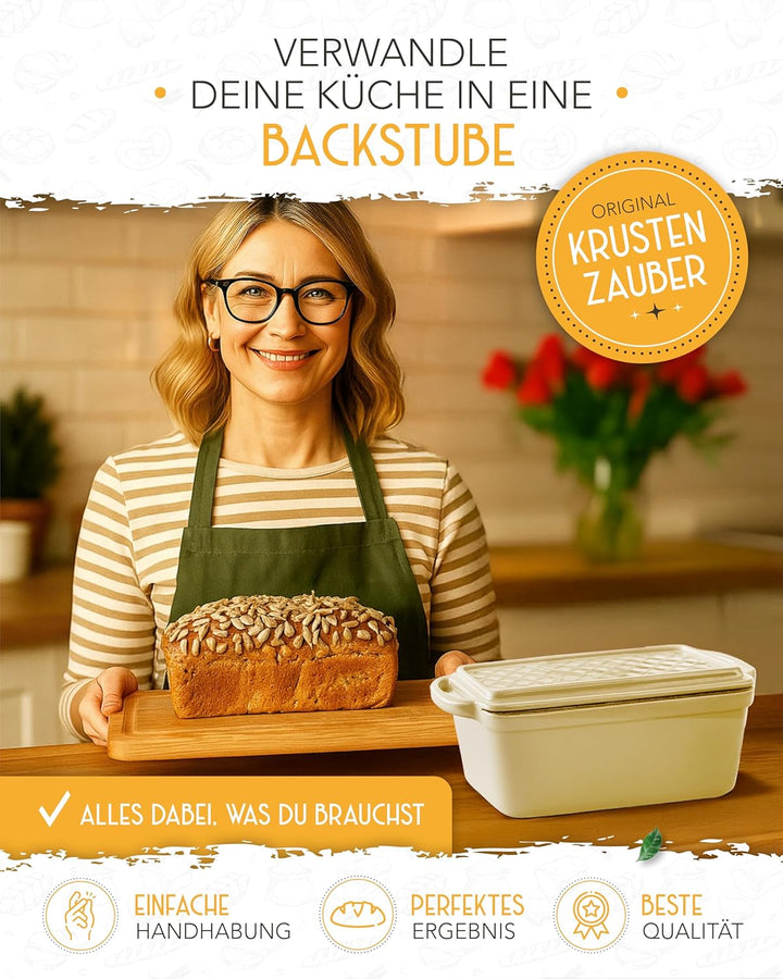 KRUSTENZAUBER Brotbackform mit Deckel emailliert im XXL-Komplettset - Robuste 28 cm Gusseisen Brotba