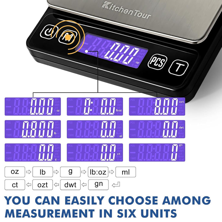 KitchenTour Digitale Küchenwaage – 3000g/0,1g Präzisionswaage mit 9 Einheiten (g/oz/ml/lb/lb:oz/gn/