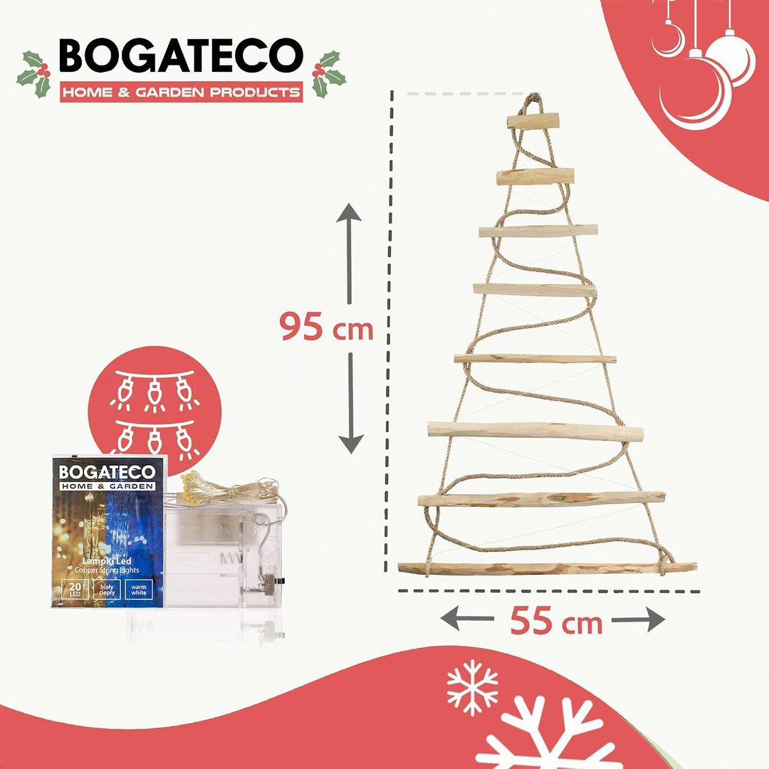BOGATECO Handgemacht Weihnachtsbaum 95 cm hoch, aus Haselnussholz | Deko Anhänger | mit 200 cm LED-L