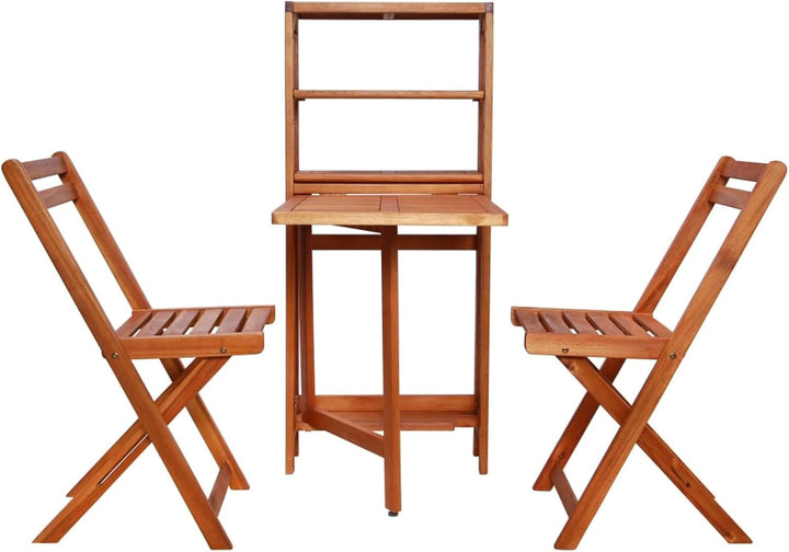 Tidyard Bistro-Set 3-TLG. Massiveholz Sitzgruppe, inkl 1 Lagerregal und 2 Klappstühle, Gartenm?Bel B