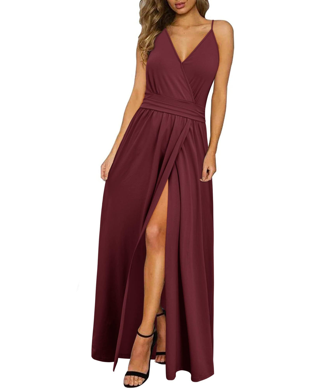 Newshows Sommerkleid Damen Lang Maxikleid Sommer V Ausschnitt Kleid Schlitz Elegant Spaghettiträger