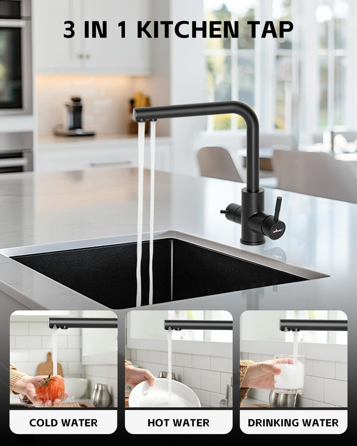 APPASO 3 Wege Wasserhahn Schwarz, Küchenarmatur 3 wege 360° Drehbar, 3 in 1 Mischbatterie Küche für