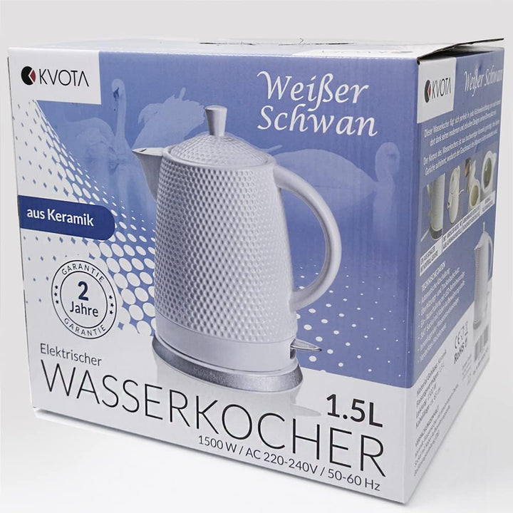 KVOTA Elektrischer Keramik Wasserkocher, Teekessel 1,5 L, 1500W, Noppen-Design, weiss, abnehmbarer