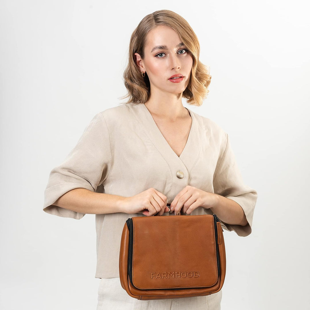 Memphis Damen/Herren Leder Kulturbeutel | grosse Kosmetiktasche mit Haken zum Aufhängen | viele Fäch