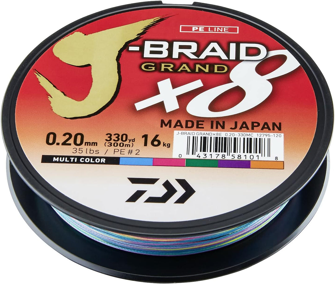 Daiwa J-Braid Grand x8E, 300m, Mehrfarbig, Geflochtene Angelschnur 300m/0.16mm, 300m/0.16mm