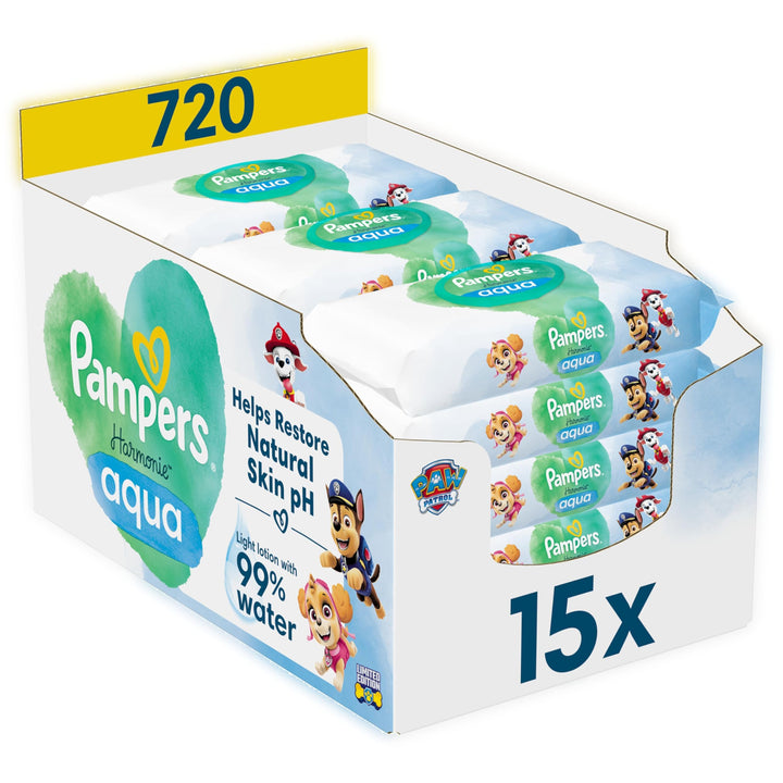 Pampers Harmonie Aqua Baby-Feuchttücher, 15 Packungen = 720 Feuchttücher, 1 stück (720er Pack)
