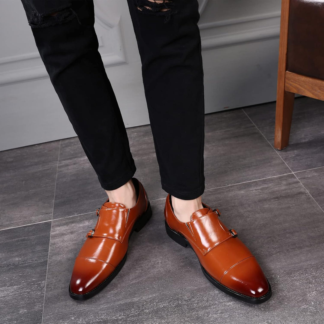 ANUFER Männer Smart Monk Brogues Formale Abendschuhe Aus Echtem Leder mit Holzabsatz 37 EU Braun Kun