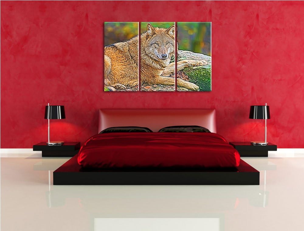 stolzer Wolf auf Stein Spezial 3-Teiler Leinwandbild 120x80 Bild auf Leinwand, XXL riesige Bilder fe