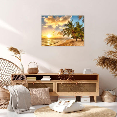 Bilder auf Leinwand Strand Meer Palme Leinwandbild mit Rahmen 70x50cm Wandbilder Dekoration Wohnzimm