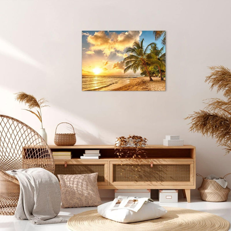 Bilder auf Leinwand Strand Meer Palme Leinwandbild mit Rahmen 70x50cm Wandbilder Dekoration Wohnzimm