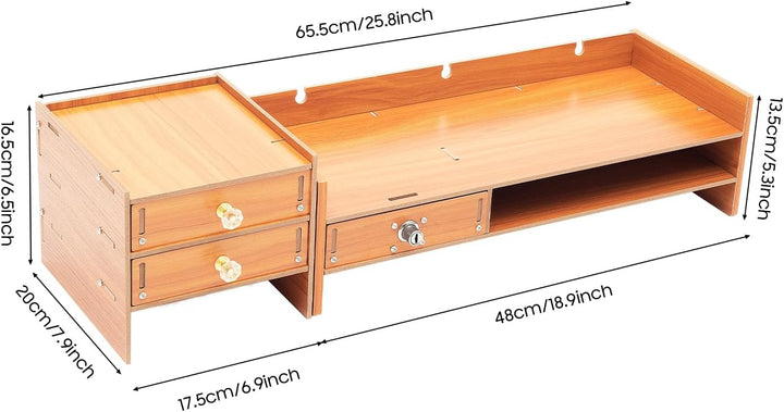 Monitorständer mit Schublade, 65,5cm Bildschirmerhöhung aus Holz für PC &amp; Laptop, Schreibtisch Organ