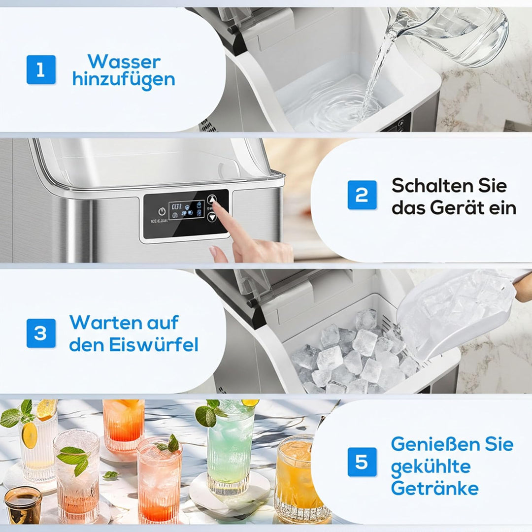HOMCOM Eiswürfelmaschine Edelstahl, Ice Maker mit 24 Eiswürfeln pro Durchgang, 20kg/24h, 2,1L Wasser