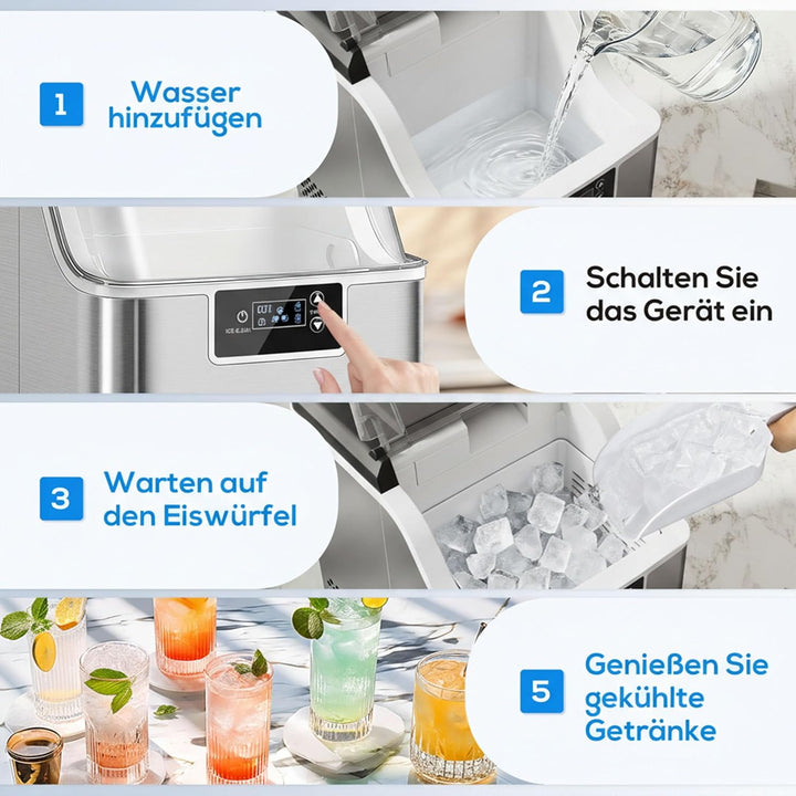 HOMCOM Eiswürfelmaschine Edelstahl, Ice Maker mit 24 Eiswürfeln pro Durchgang, 20kg/24h, 2,1L Wasser