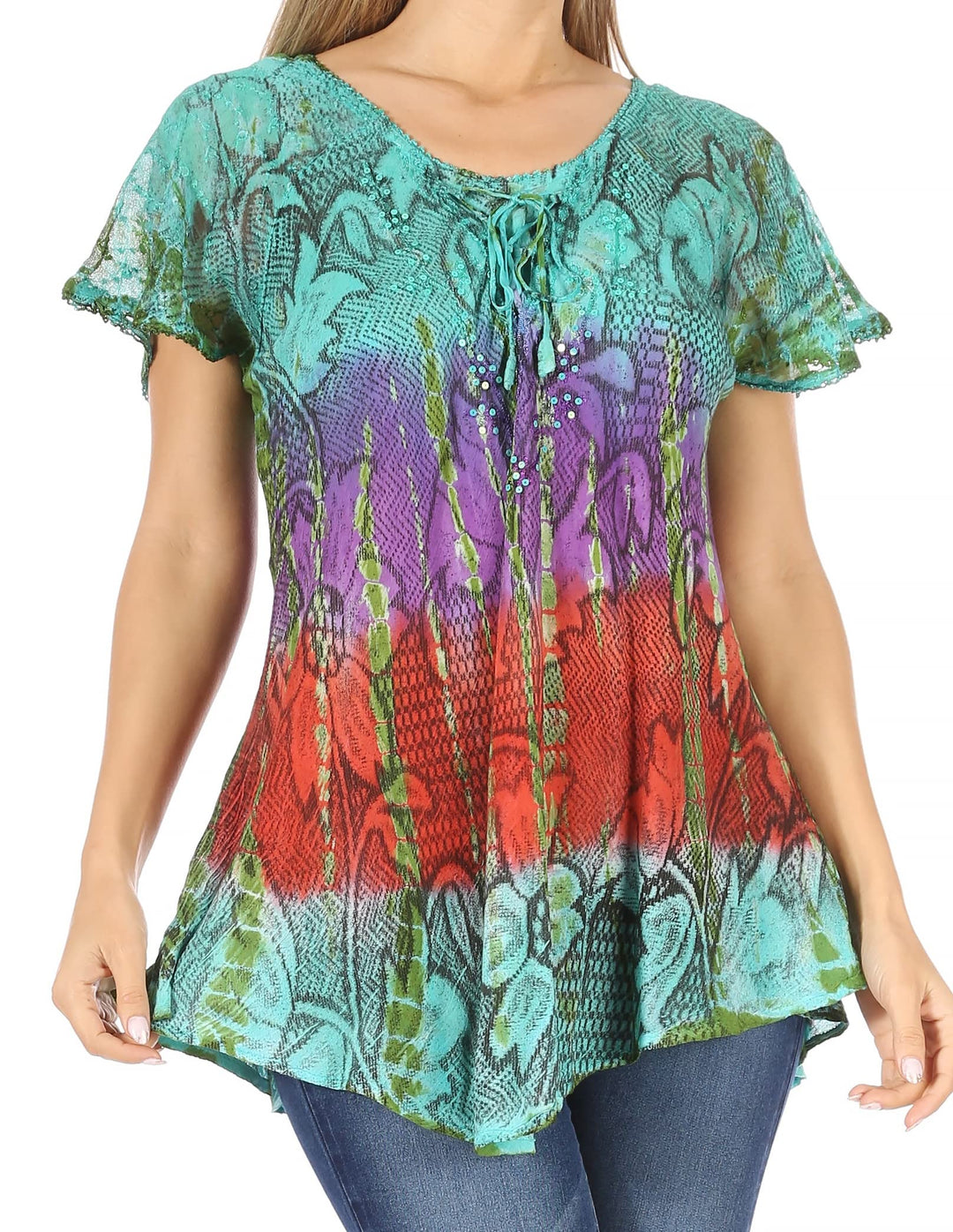Sakkas 14783 - Dina Relaxed Fit Sequin Tie Dye Stickerei Cap Ärmel Bluse/Top Einheitsgrösse Türkis,