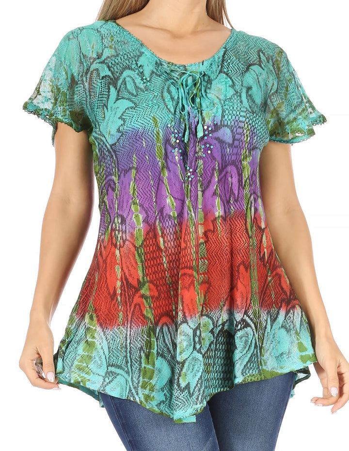 Sakkas 14783 - Dina Relaxed Fit Sequin Tie Dye Stickerei Cap Ärmel Bluse/Top Einheitsgrösse Türkis,