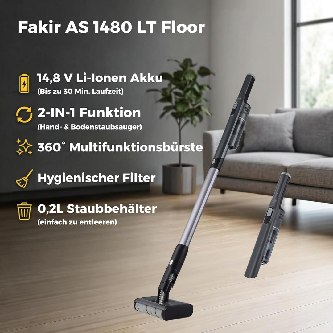 Fakir AS 1480 LT Floor Akku Staubsauger 180 W, Bodenstaubsauger Akku, kabelloser Handstaubsauger mit