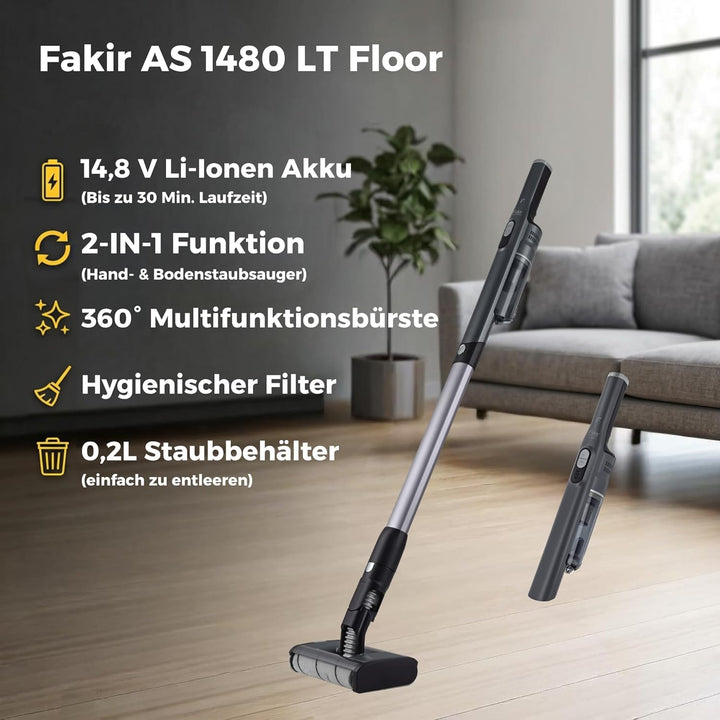 Fakir AS 1480 LT Floor Akku Staubsauger 180 W, Bodenstaubsauger Akku, kabelloser Handstaubsauger mit