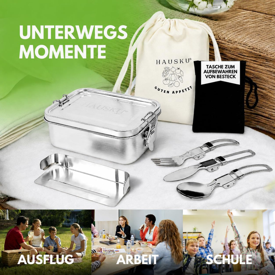 Brotdose Edelstahl mit Fächern 1400 ml - Lunchbox mit Bewegliche Trennwand und Besteck, Auslaufsiche