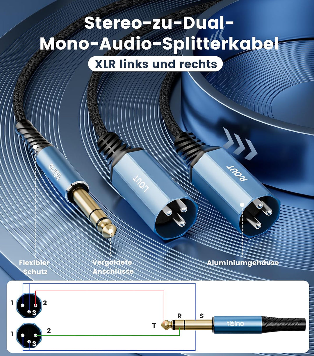 Tisino 6,3mm TRS auf 2 XLR Stecker Y-Kabel (3 m) Stereo-Breakout-Kabel für Mischpulte, Audio-Interfa