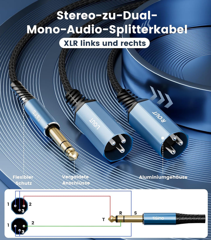Tisino 6,3mm TRS auf 2 XLR Stecker Y-Kabel (3 m) Stereo-Breakout-Kabel für Mischpulte, Audio-Interfa