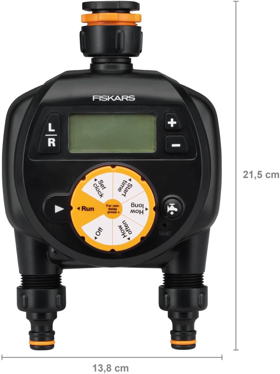 Fiskars Zeitschaltuhr/Timer mit 2 Ausgängen, Für alle gängigen Wasserhahngrössen, Leicht ablesbares