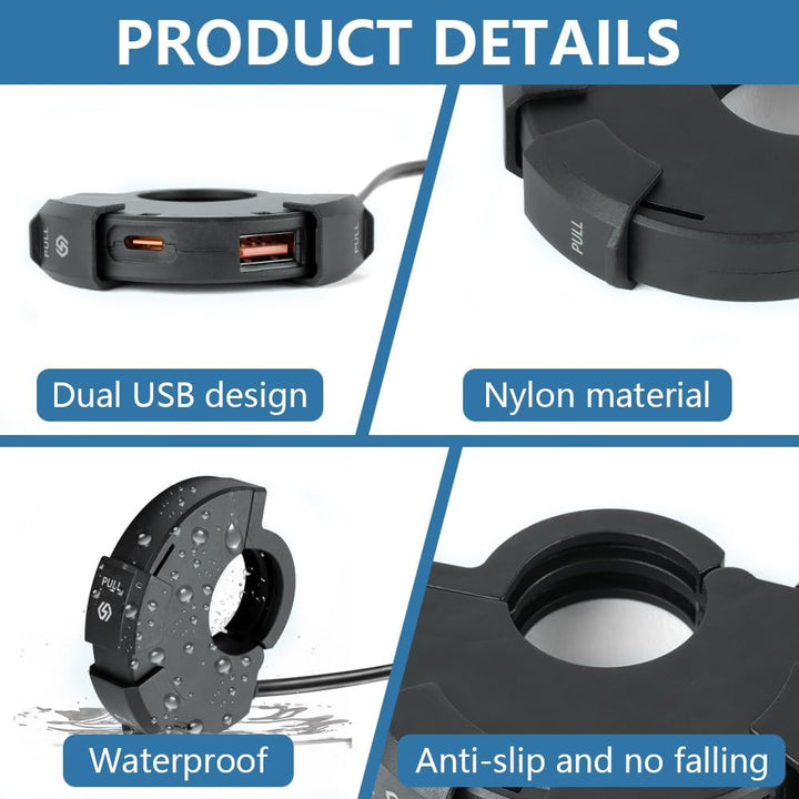 URAQT 48W USB C Steckdose 12V Motorrad Ladegerät, Moto Telefon Ladegerät, QC3.0 USB-A und Typ-C Wass