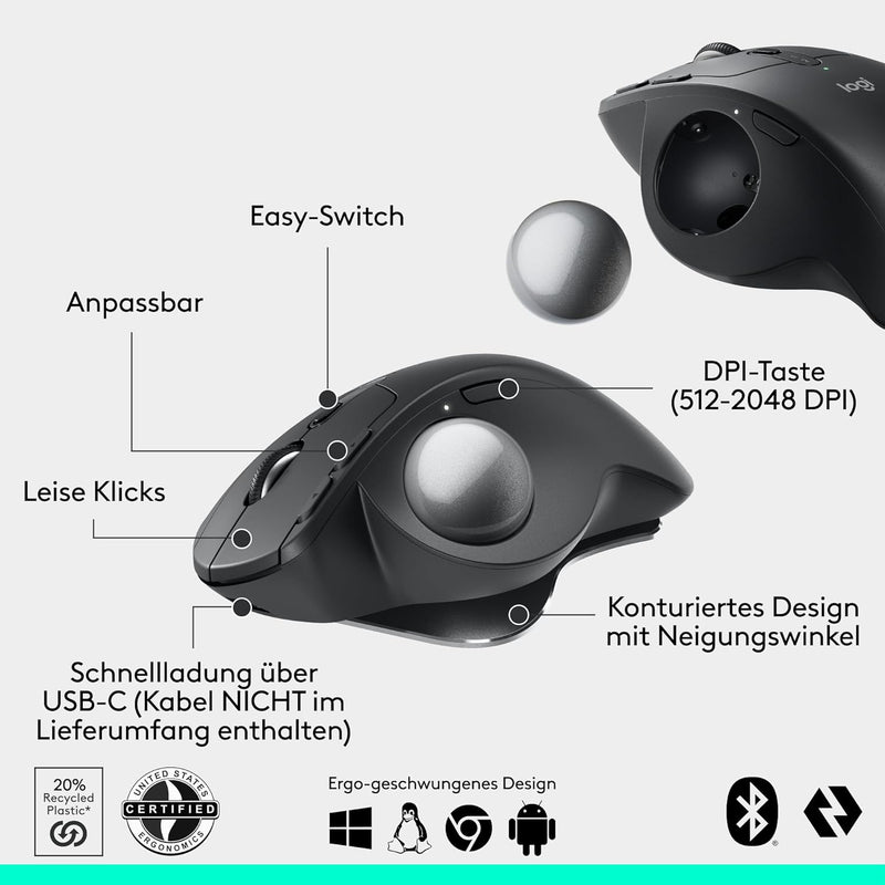 Logitech MX Ergo S Advanced kabellose Trackball-Maus, über USB-C wiederaufladbare kabellose ergonomi