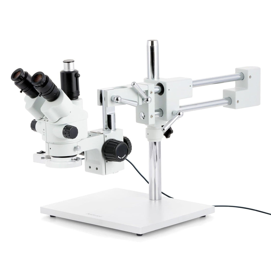AmScope SM-4NTP-FRL Simul-Fokales Stereo Zoom Mikroskop auf Doppelarm-Auslegerständer mit Fluoreszie