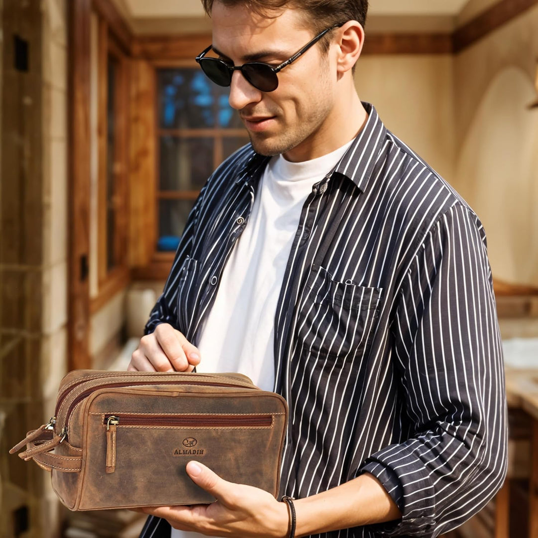 ALMADIH Leder Reisetasche Aiko + Kulturtasche Pietro BV - Weekender Handgepäck Freizeit Gym Fitness