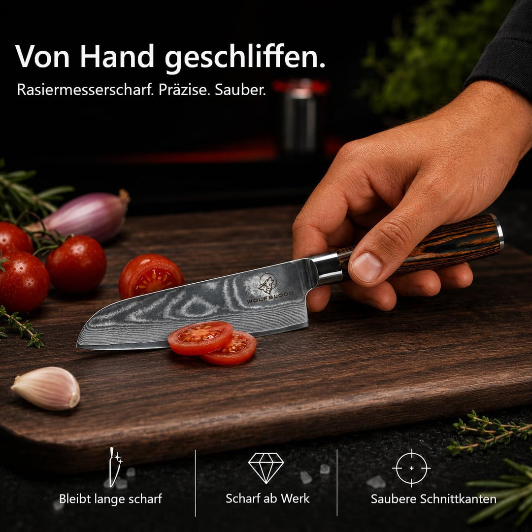 Wolfblood Damastmesser Santoku Messer L(24cm) Profi-Kochmesser aus 67 Lagen Damaststahl und VG10 All