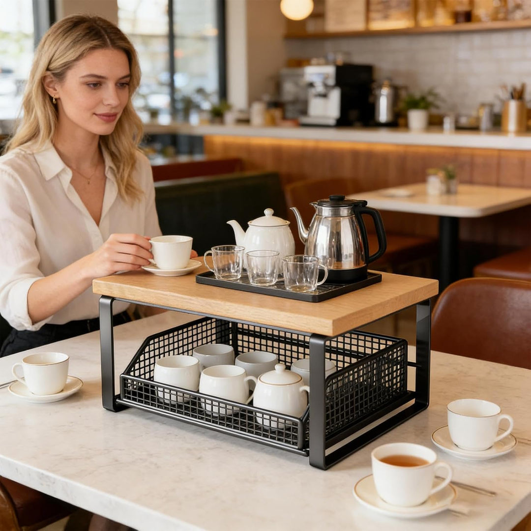 Mikrowellenregal für Arbeitsplatte, Ofenregal mit herausnehmbarem Aufbewahrungskorb, Kaffee-Bar-Orga
