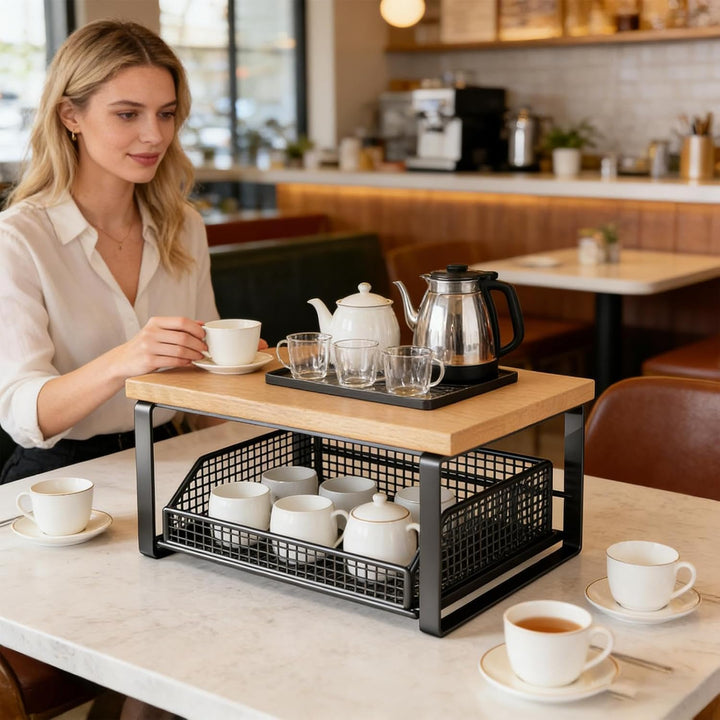 Mikrowellenregal für Arbeitsplatte, Ofenregal mit herausnehmbarem Aufbewahrungskorb, Kaffee-Bar-Orga