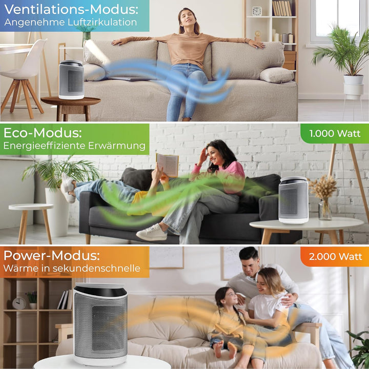 KLAMER Heizlüfter 2000 W, PTC Keramik Heizlüfter energiesparend, 3 Heizstufen inkl. Eco-Modus, 9 Std