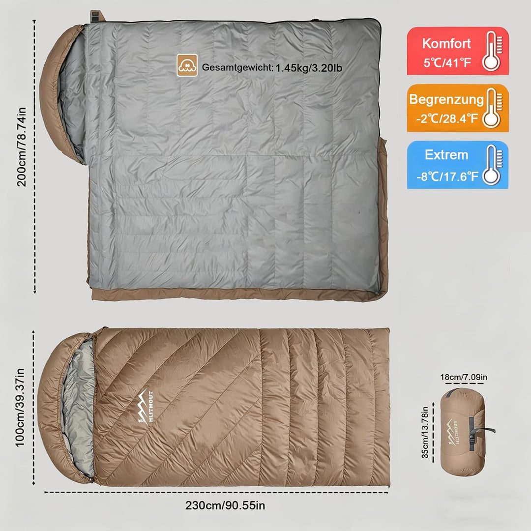 XXL Daunen Deckenschlafsack, Extra Grosser Leichter Schlafsack 230 cm x 100 cm für Erwachsene Campin